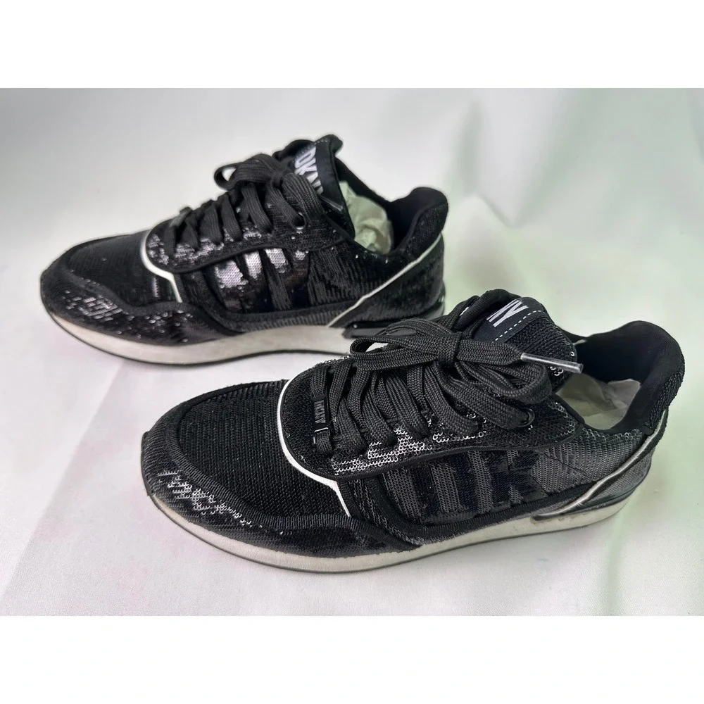 DKNY Women's Size 7.5 M Black Sequin Lace Up Sneakers Fashion Sparkle Athleisure